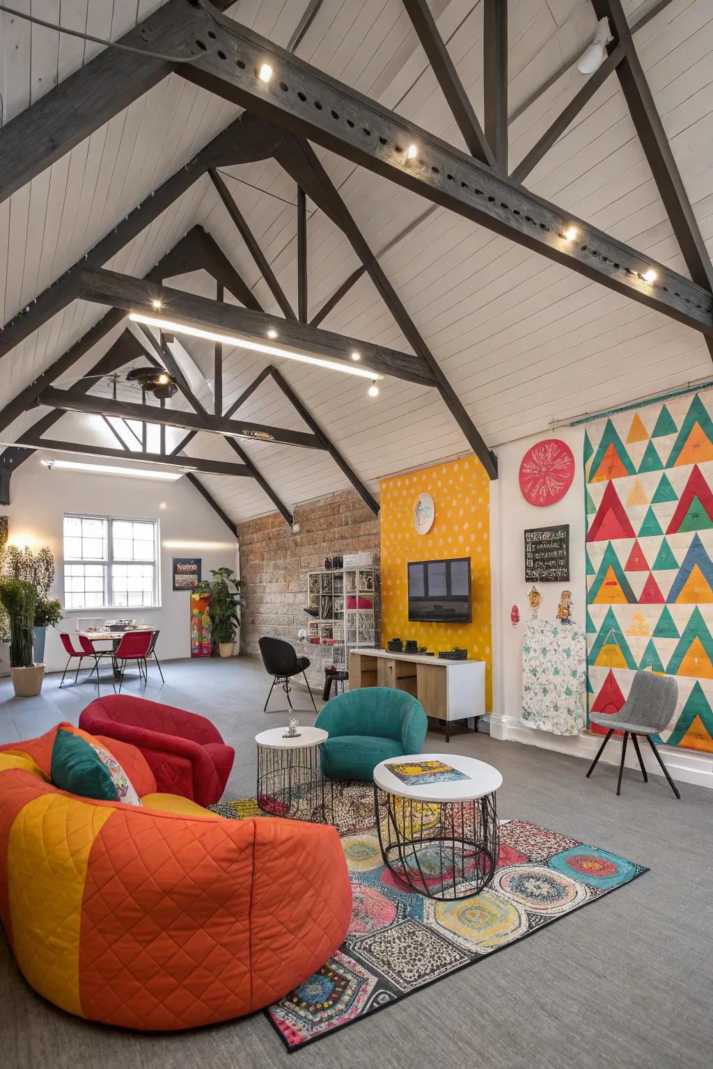 Playful patterns with geometric beams on a vaulted ceiling.