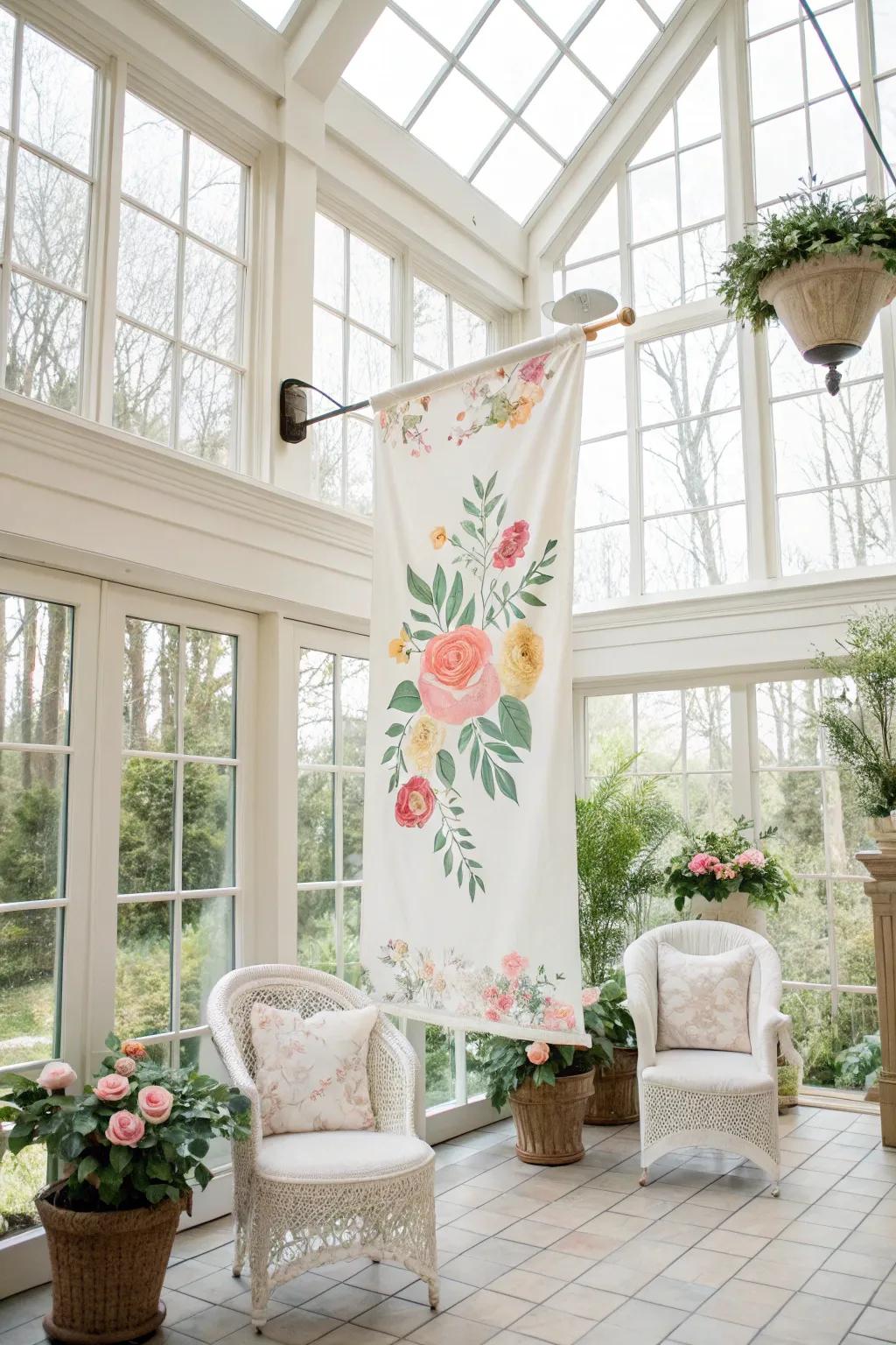 A floral design display adds a touch of sophistication to a sunroom.