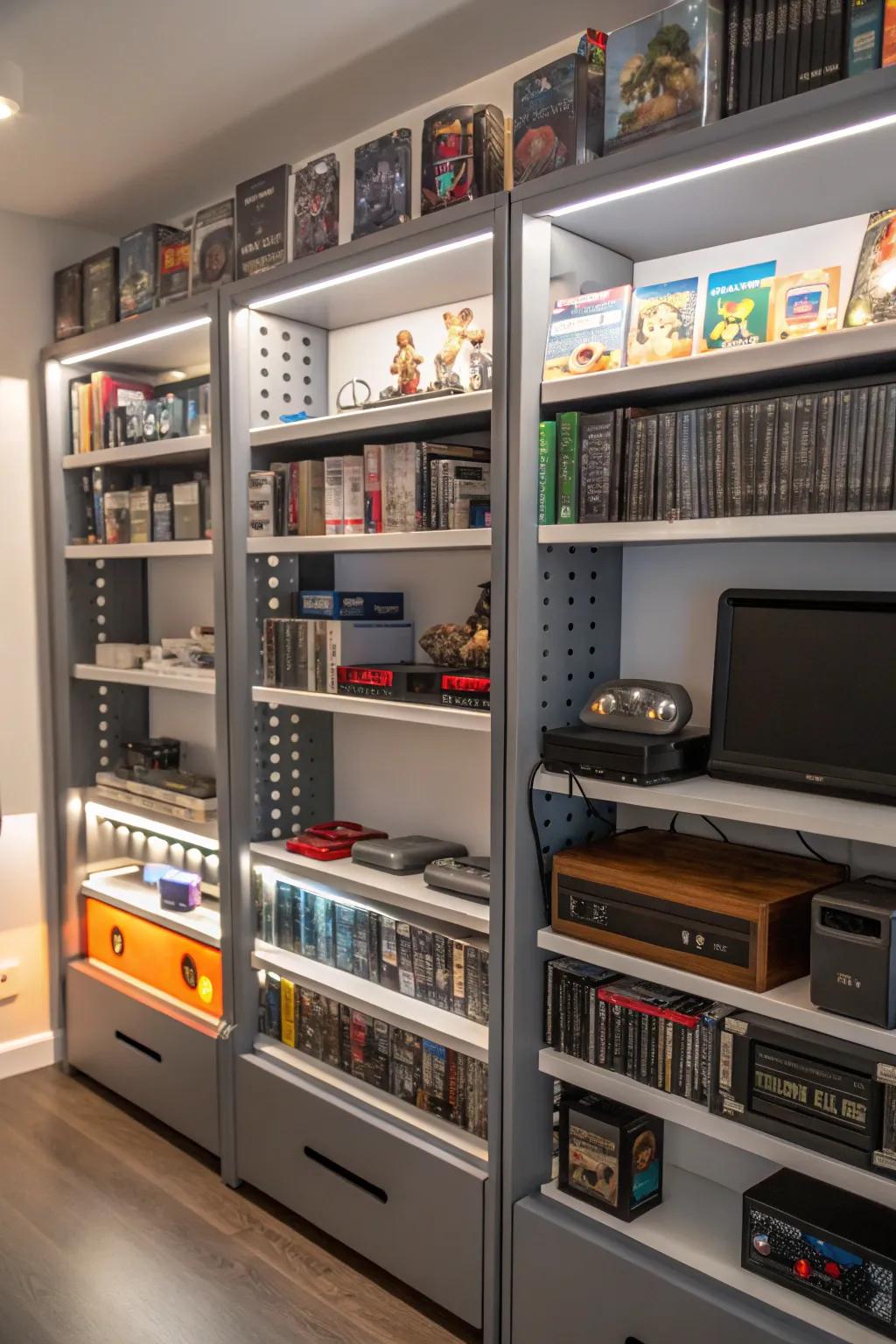 Adaptable shelving presenting versatility intended for diverse game sizes.