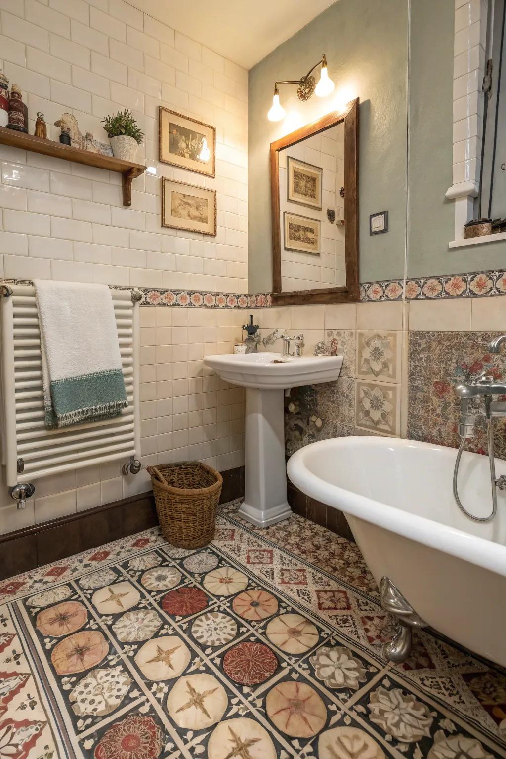 Patterned ground tiles introduce a hint of whimsy to vintage bathrooms.