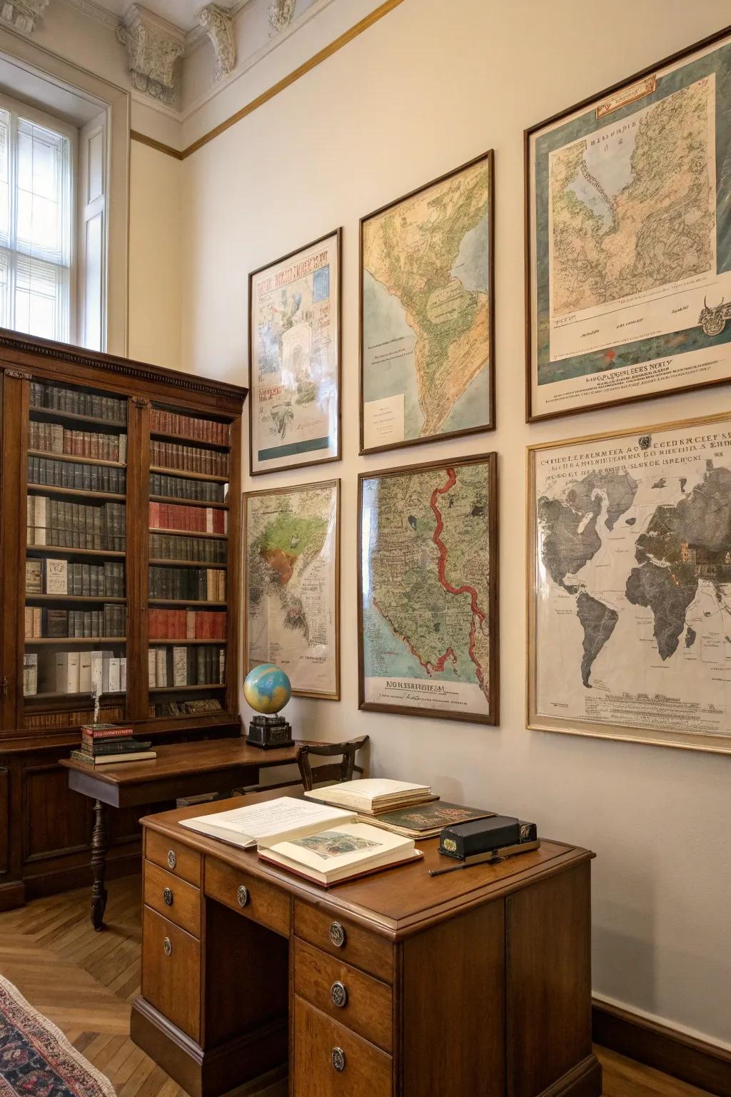 A study room featuring vintage charts as wall décor.