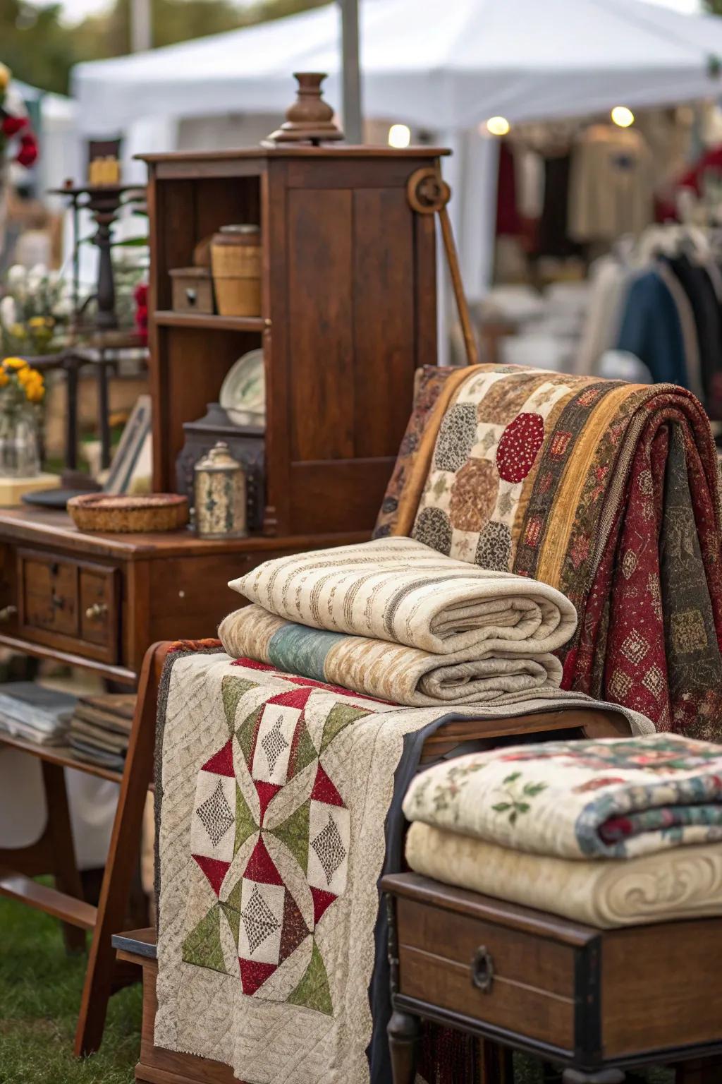 Materials introduce warmth and texture to vintage displays.