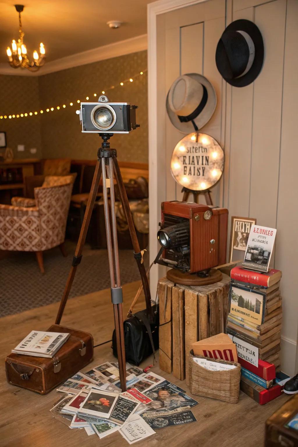 Capture memories with a nostalgic photo corner and retro props.