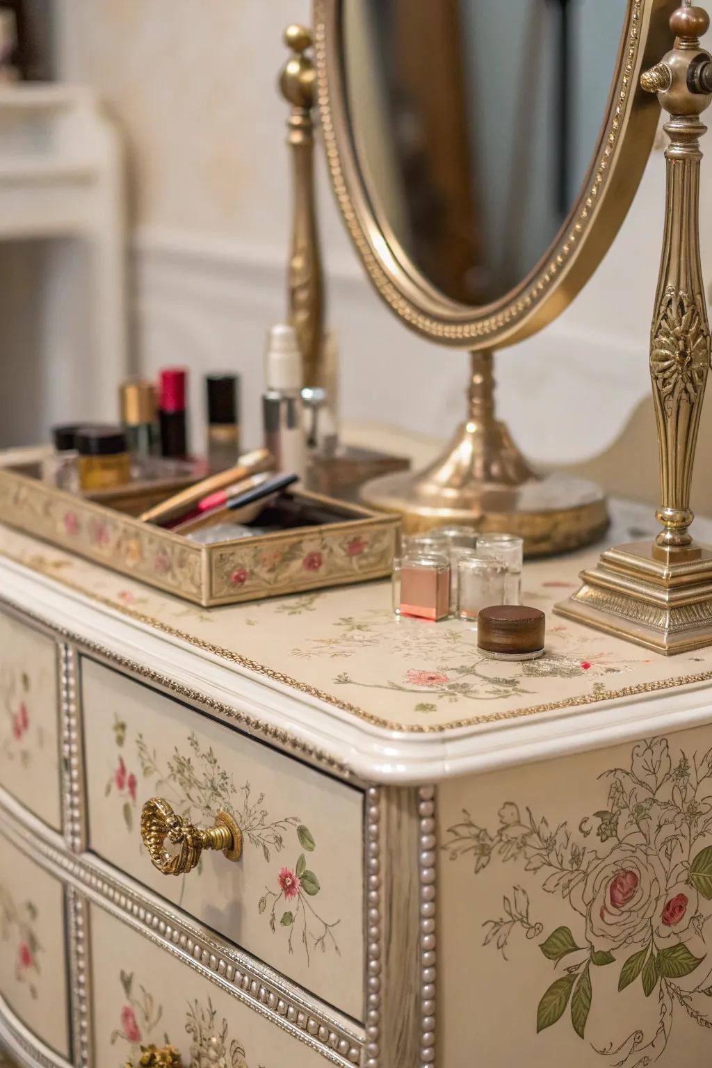 Metallic accents add sophistication to the vintage vanity aesthetic.