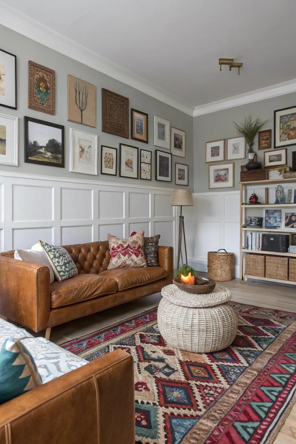 A living room showcasing mixed wainscoting styles for an eclectic look.