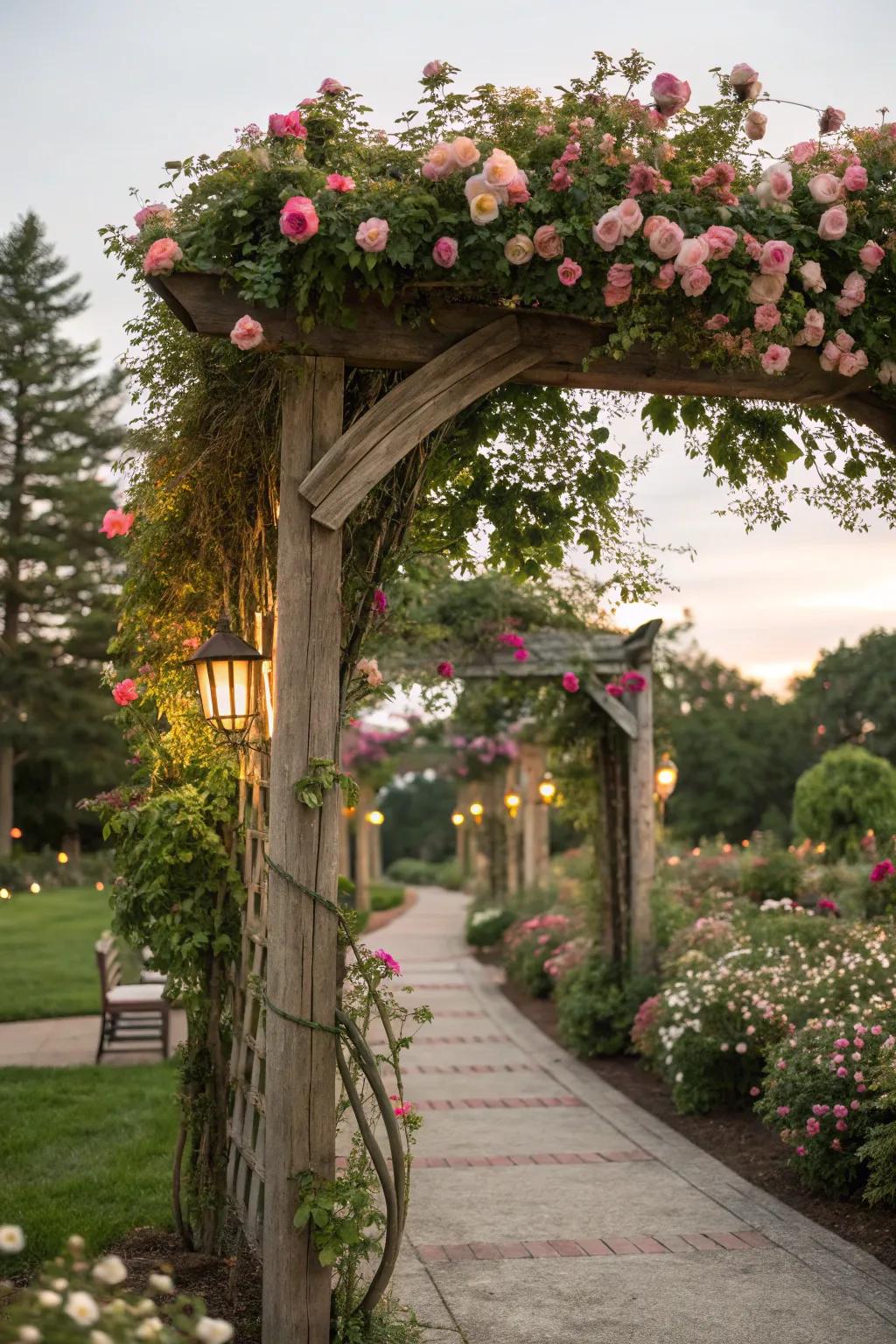 Flower-enclosed arches fashion a dreamy, romantic garden ambiance.