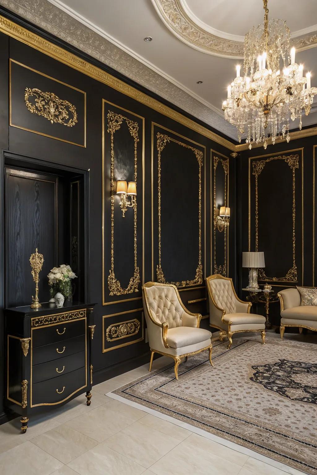 Luxury and drama with ebony walls and gold trim.