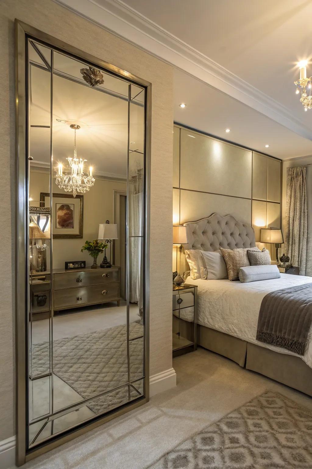 Mirrored art pieces brighten and grow your bedroom.