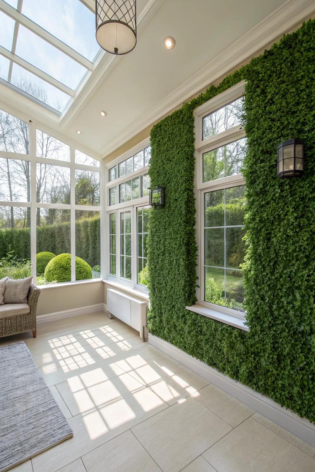 Greenery panelling provides a garden feel without the hassle of maintenance.