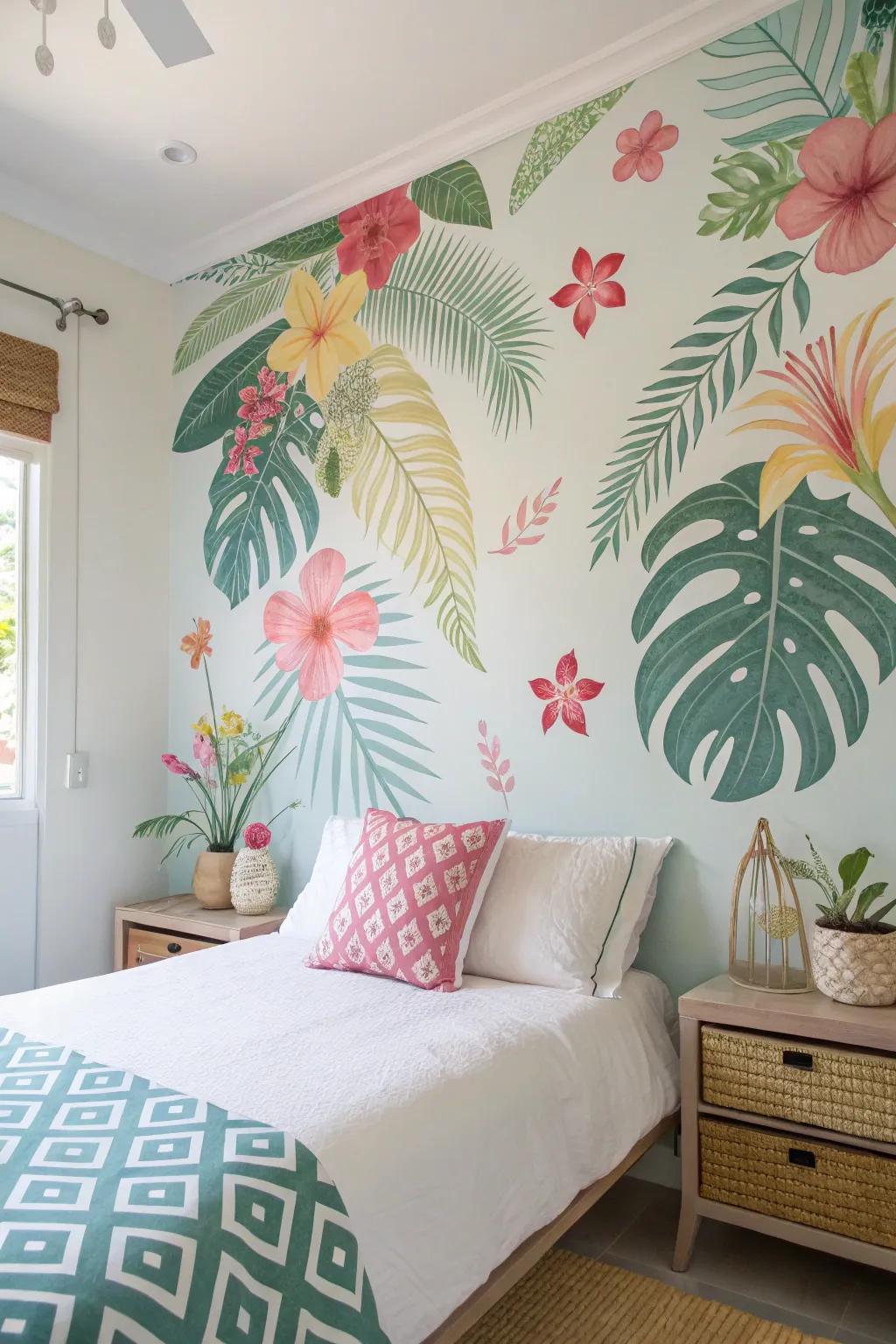 Tropical appliqués fashion a paradise-esque atmosphere within this bedroom.
