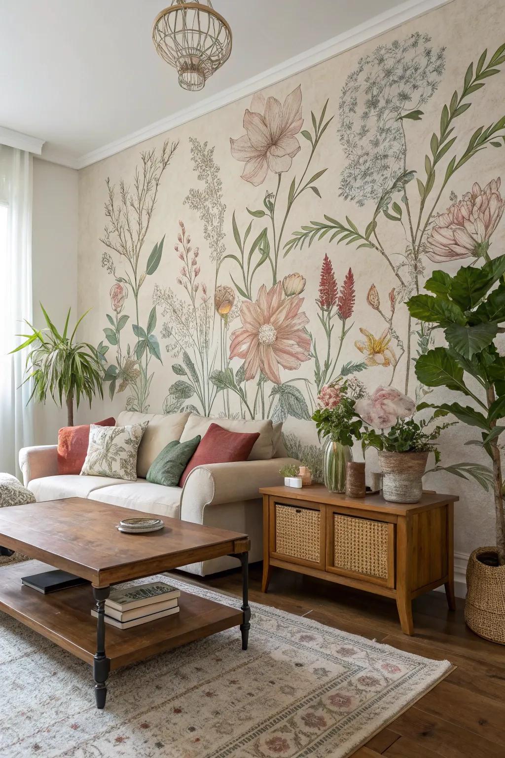Add character with a charming vintage botanical mural.
