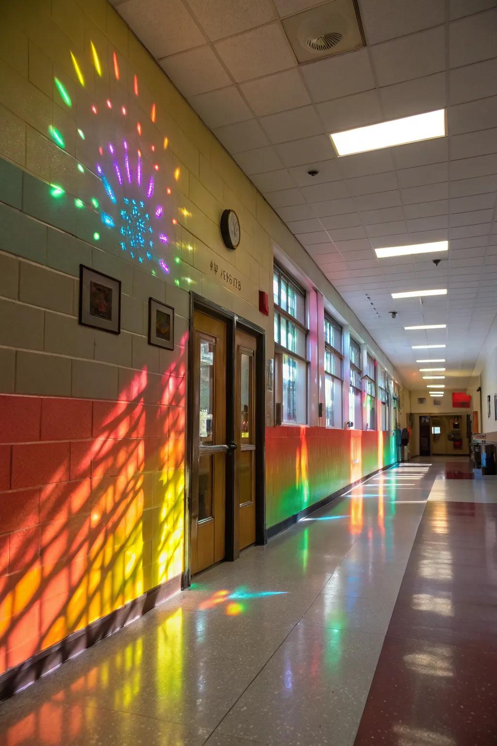Vibrant illumination display on a school wall