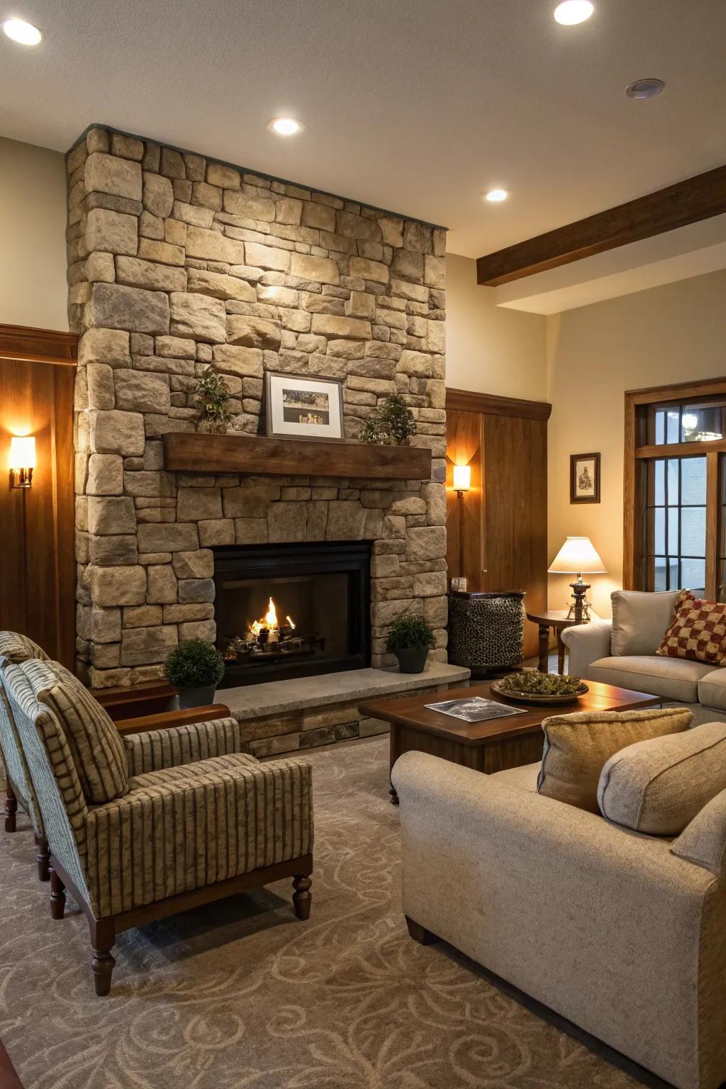 Granite overlay imparts rustic sophistication to living spaces.