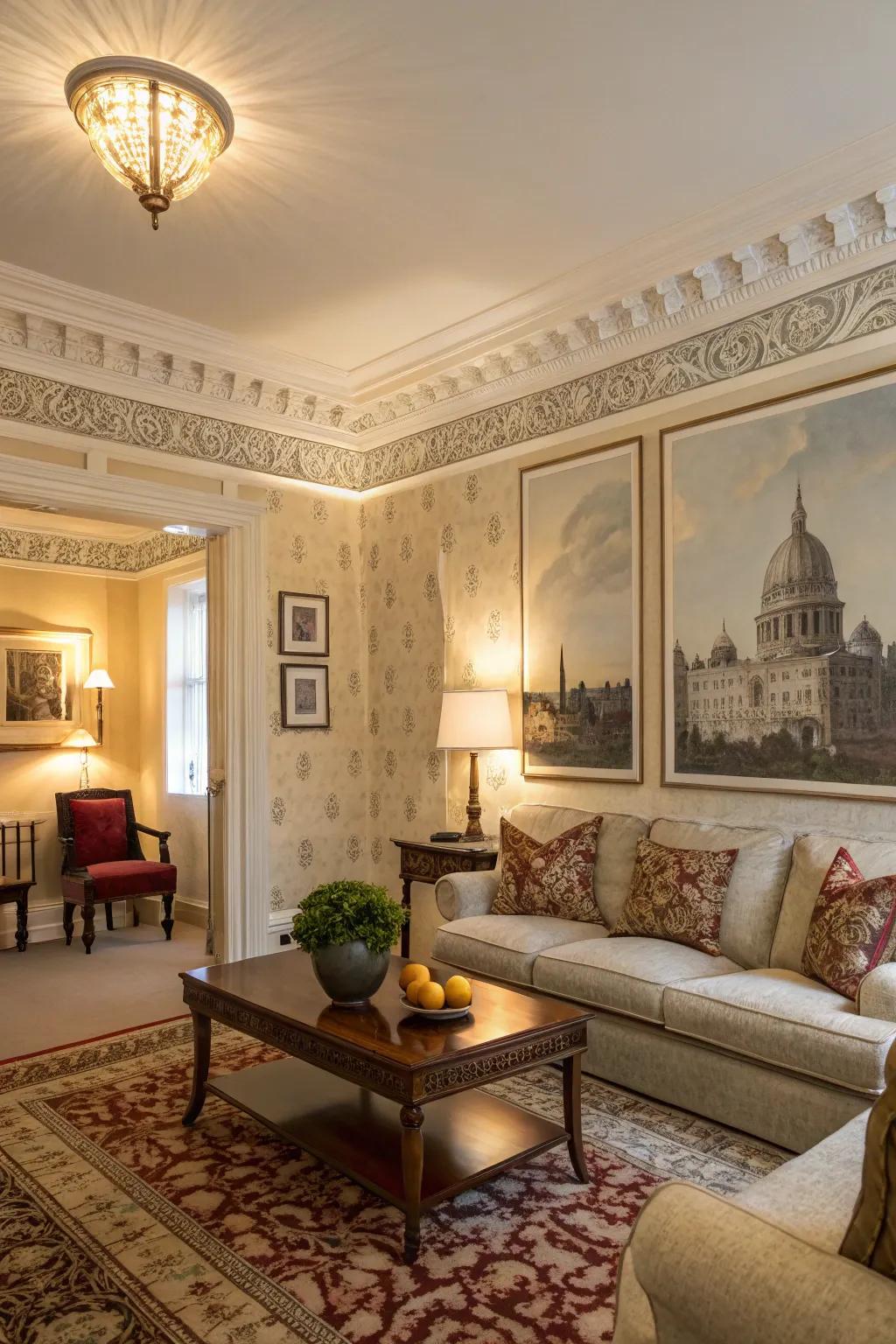 A living room where the wallpaper edging accentuates built-in features.