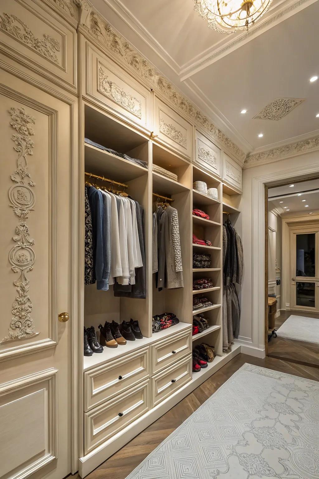 Ornamental moldings impart a touch of sophistication to any closet.