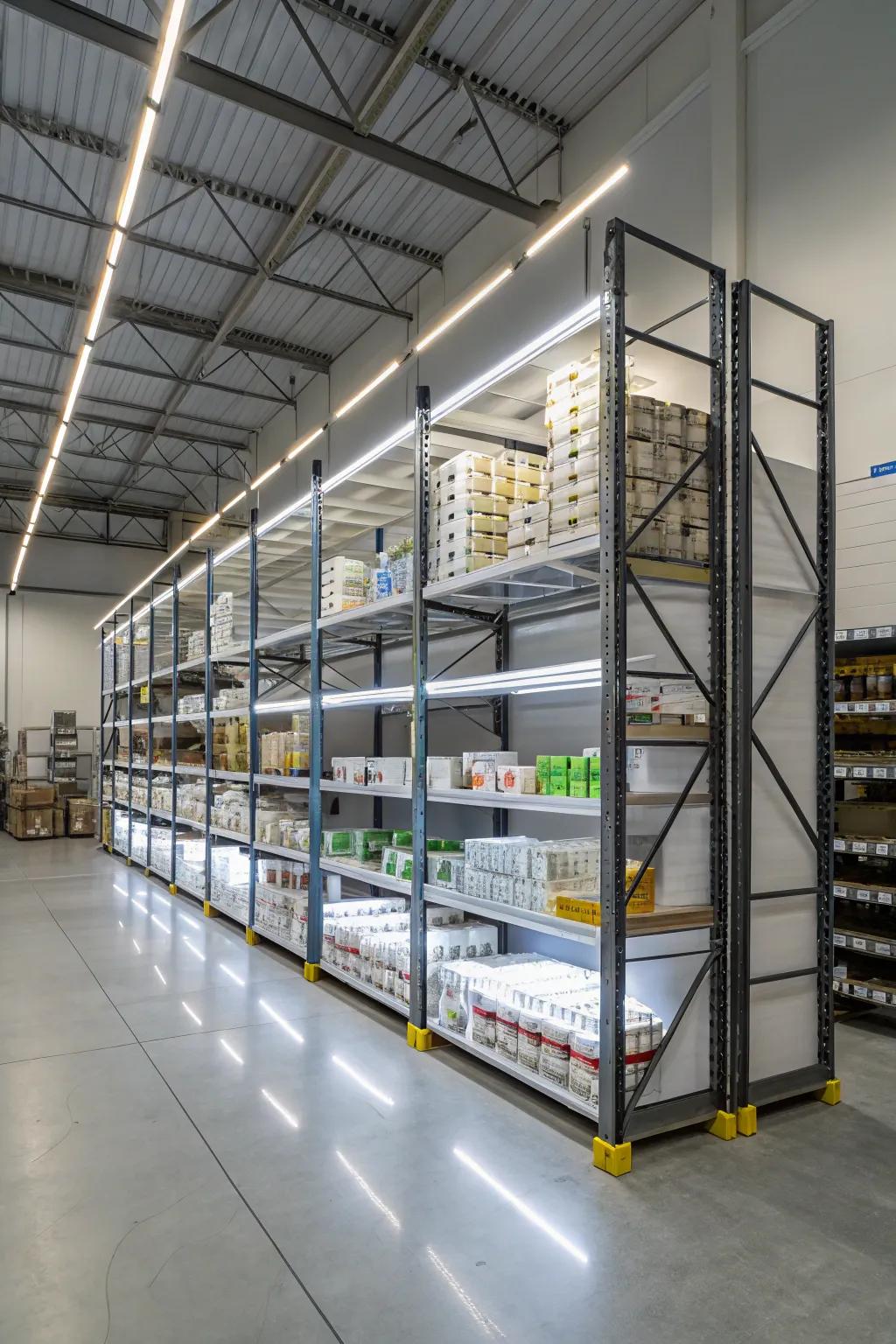 Illumination adds a polished look to shelving units, enhancing visibility.