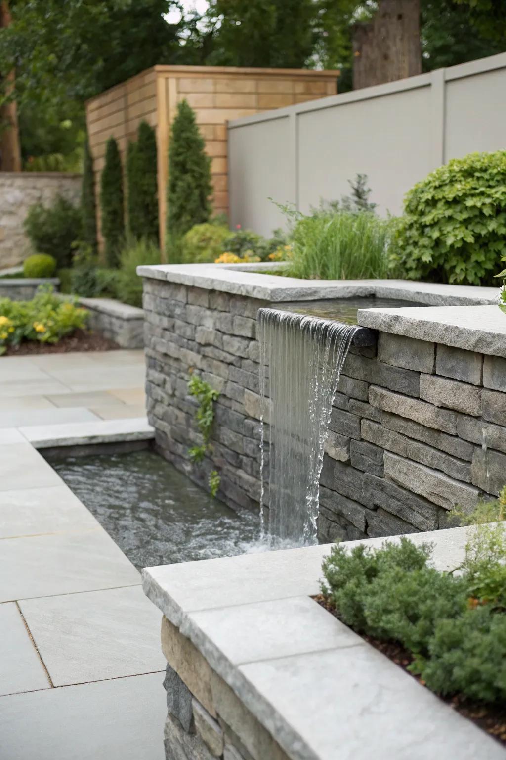 A sleek garden waterfall showcasing a minimalist stone structure design.