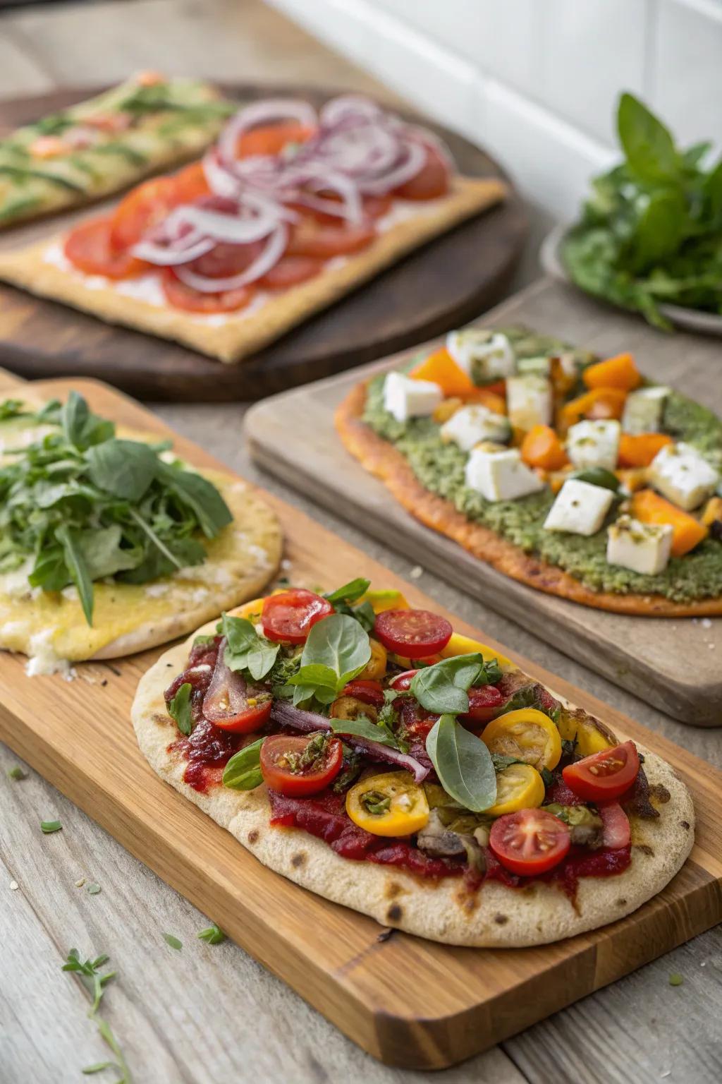 A selection of inventive flatbreads topped with fresh and tasty ingredients.