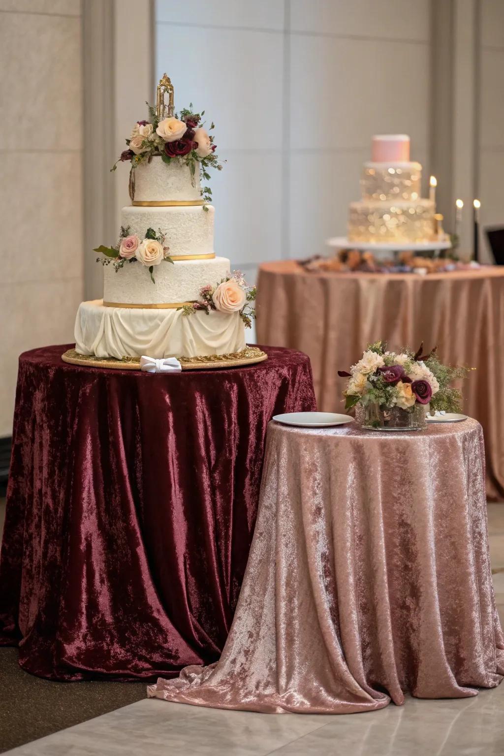 Lush textures elevate the cake presentation's appeal.