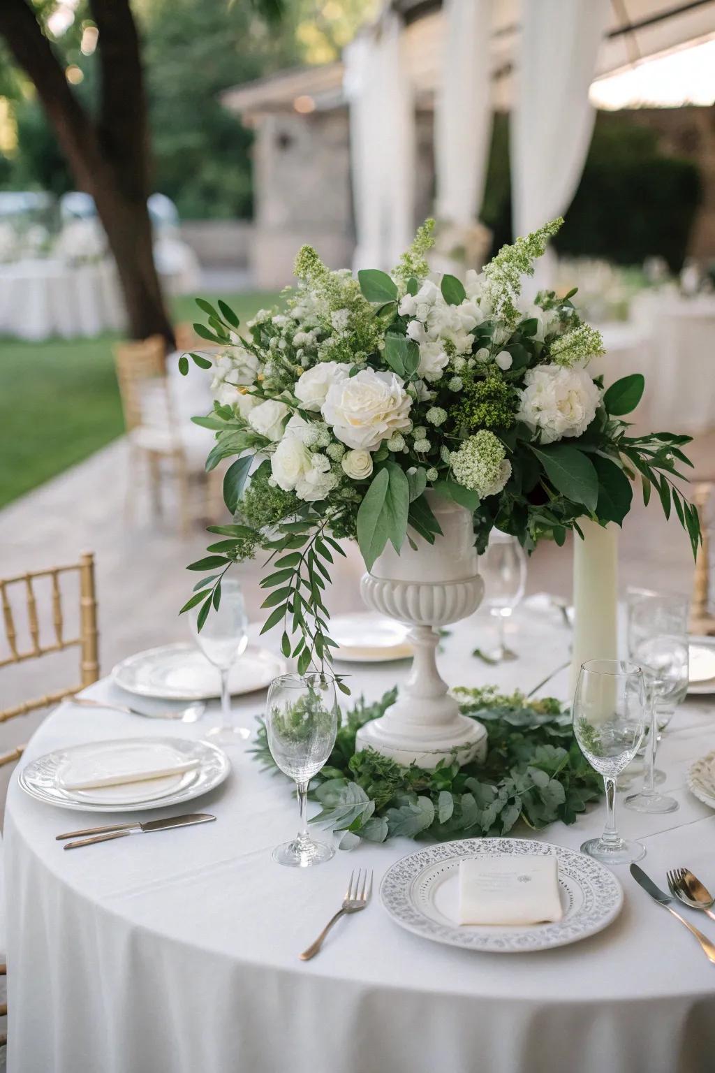A traditional white and verdant centerpiece, emitting timeless elegance.