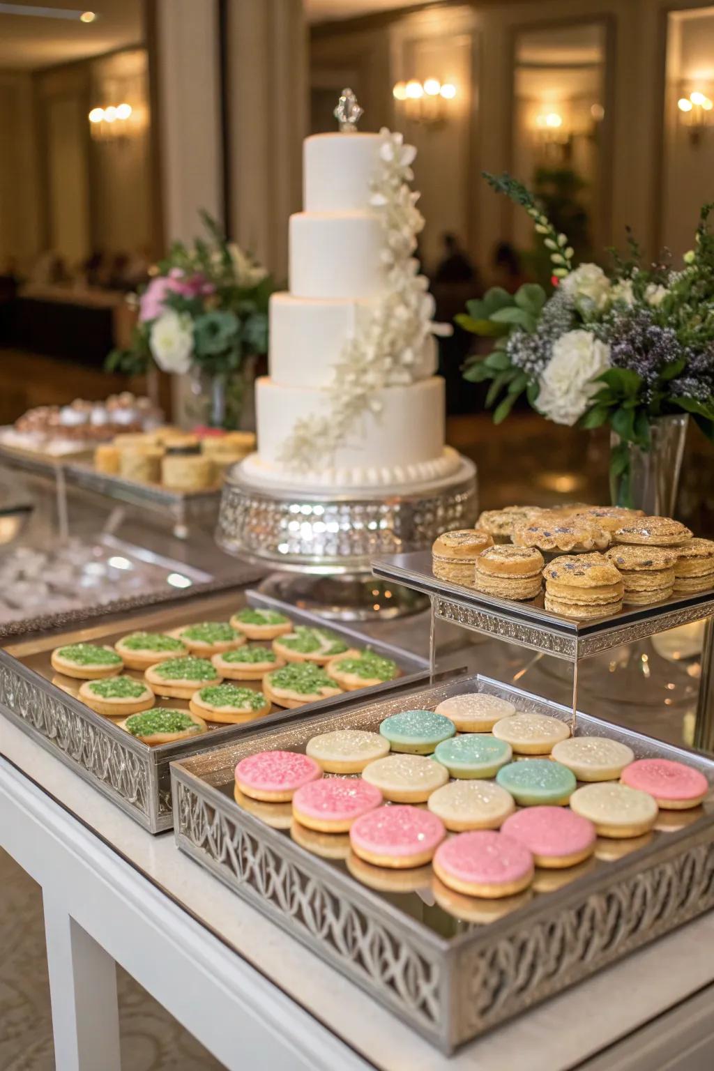 Acrylic reflectors append depth and glamour to a wedding cookie arrangement.