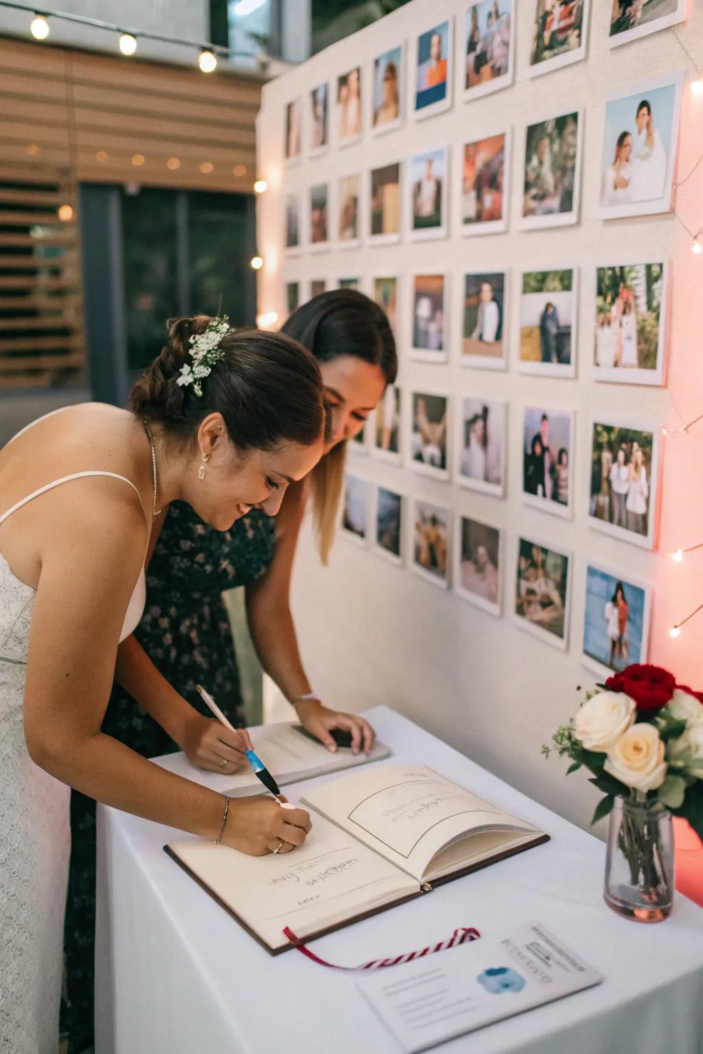 An interactive wedding visitor log showcasing a creative image display.