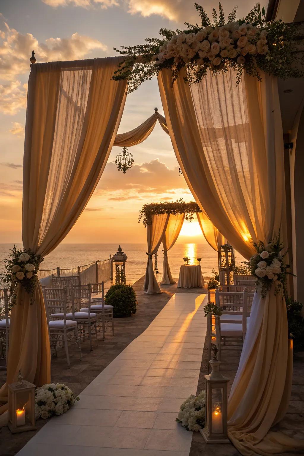 Infuse warmth and joy into your wedding using sunset-toned drapery.