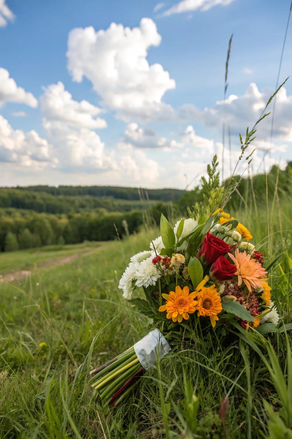 A bouquet featuring season-inspired blooms in a natural setting.