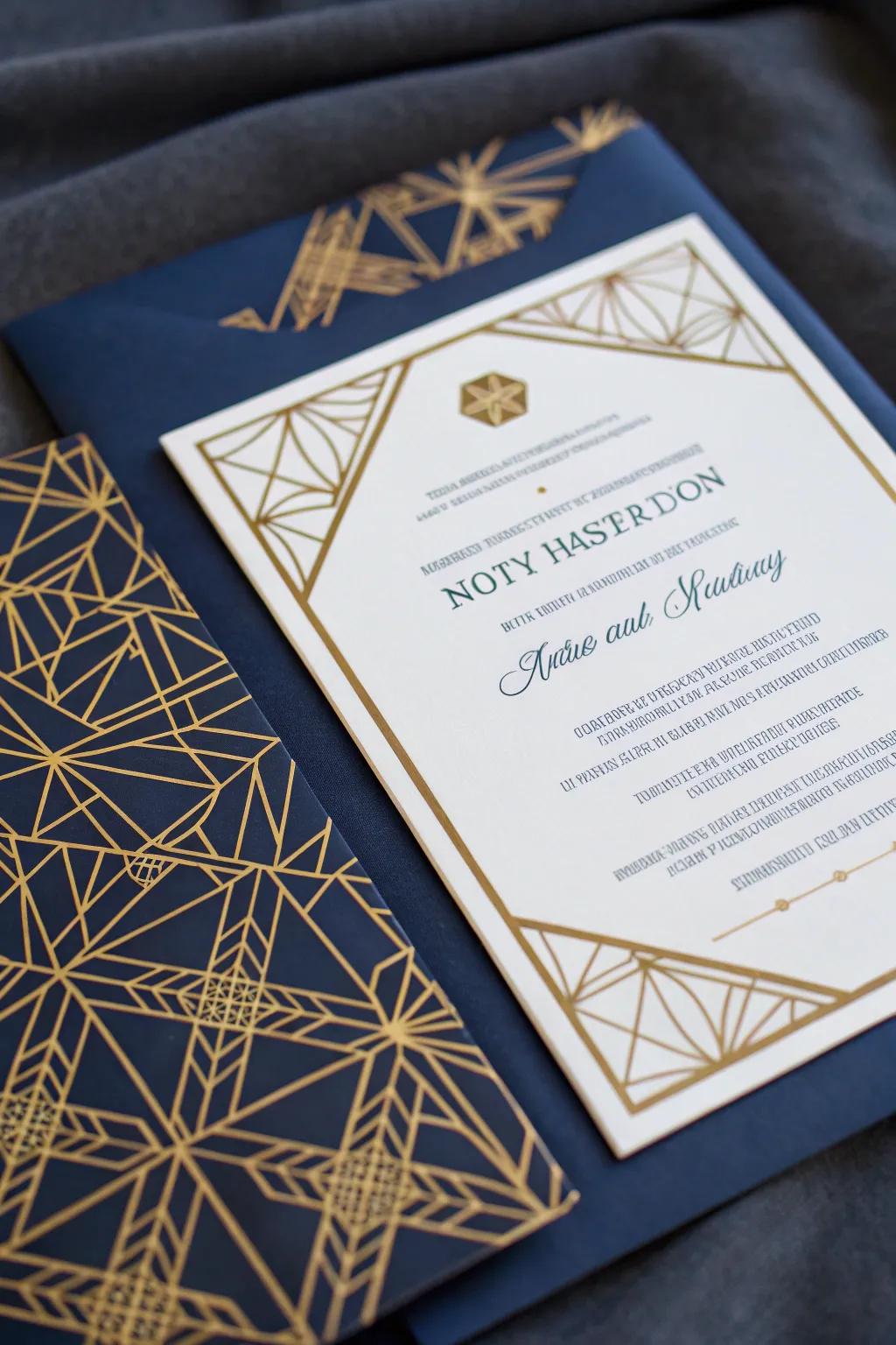 Announcement with symmetrical patterns on a navy backdrop.