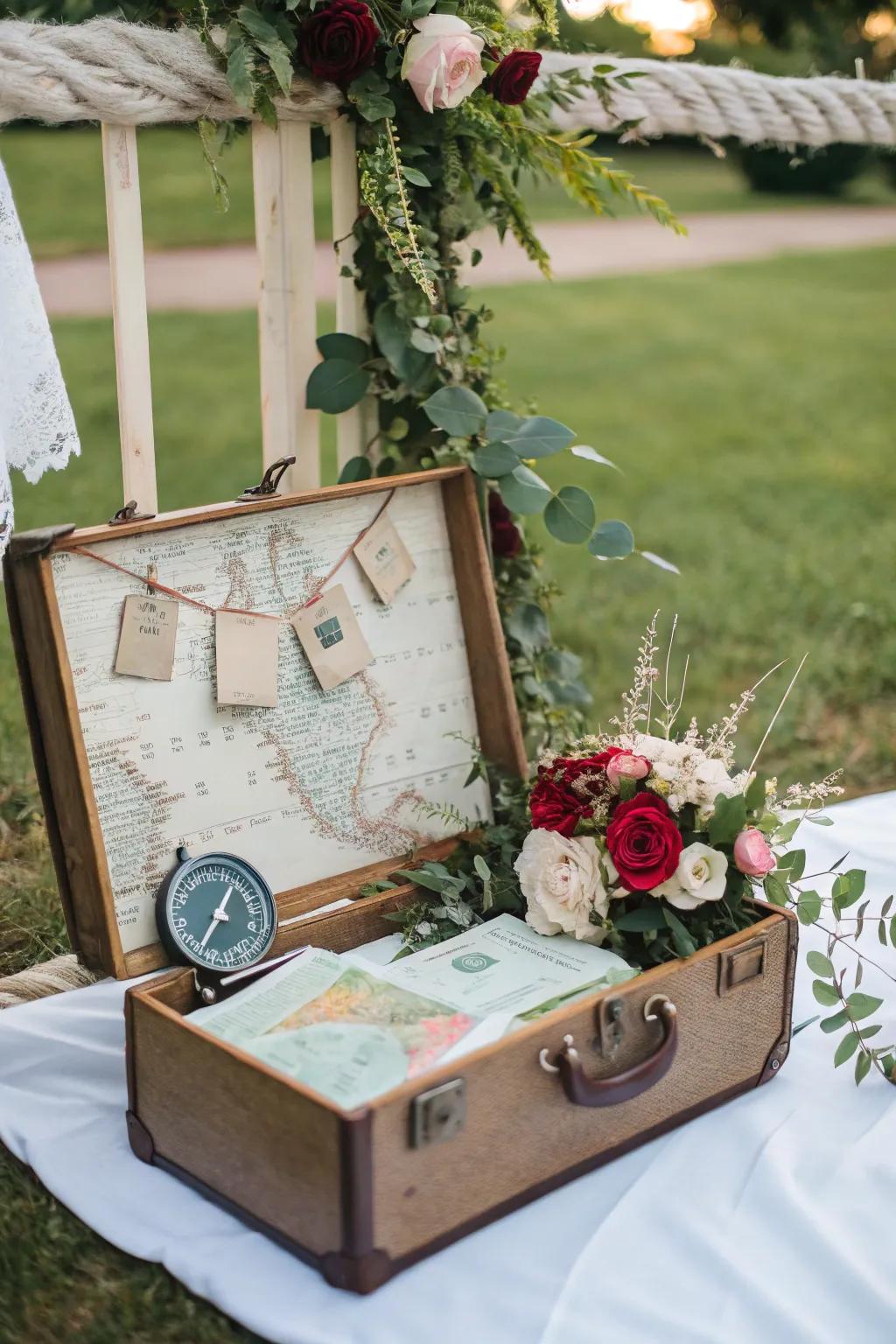 Travel trunk displays introduce a nostalgic and travel-inspired touch to your wedding.