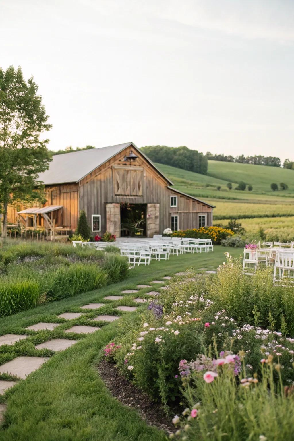 A charming country wedding venue featuring rolling fields and a rustic barn.