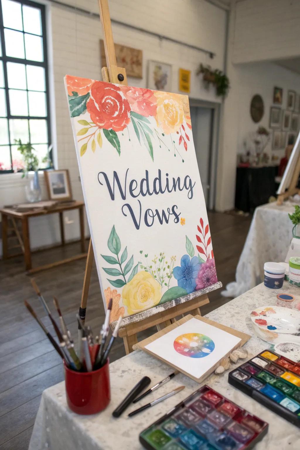 Vibrant bespoke watercolor vows inspiring creativity in an art studio.