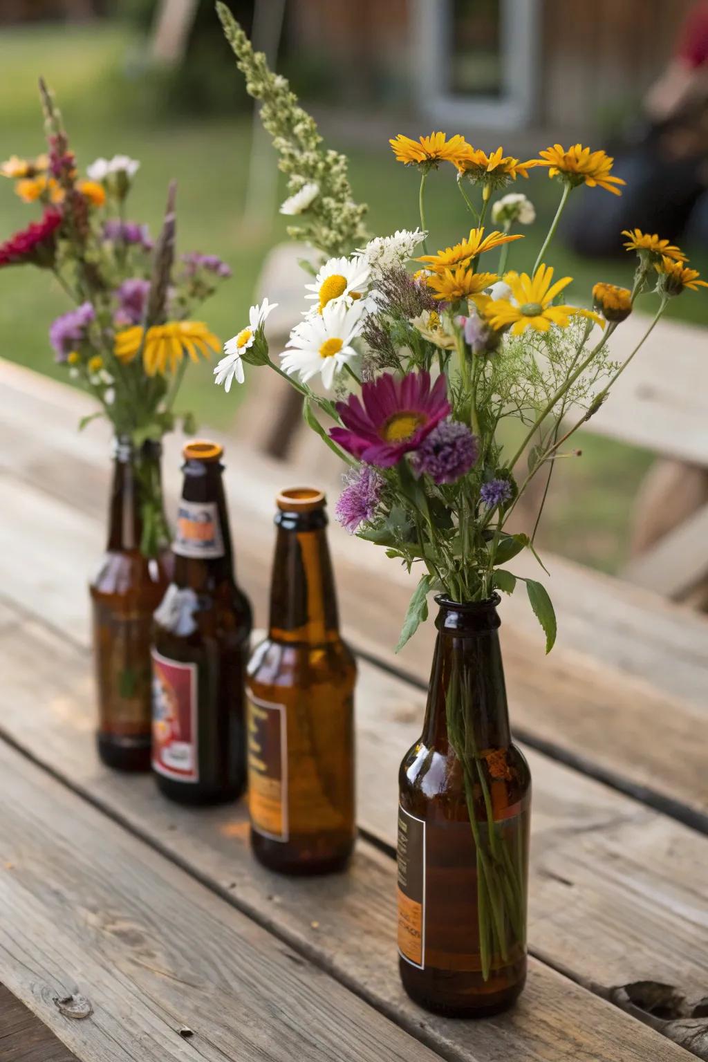 Beer bottles repurposed as vases contribute a laid-back and imaginative element to your table.