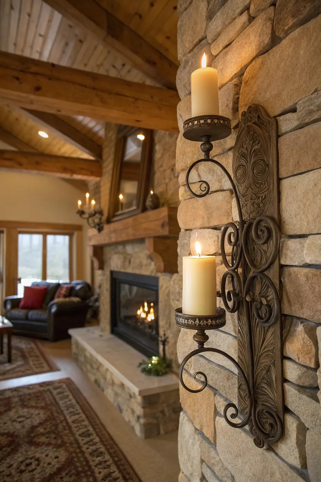 Rustic candle sconces providing warm ambient light.