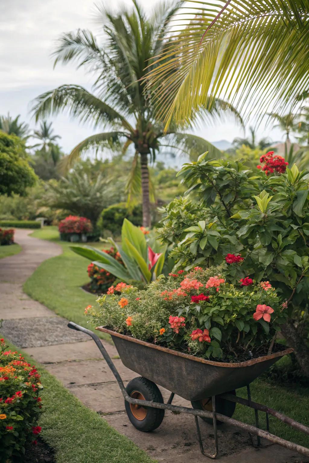 Introduce tropical flair to your garden with a vibrant wheelbarrow display.