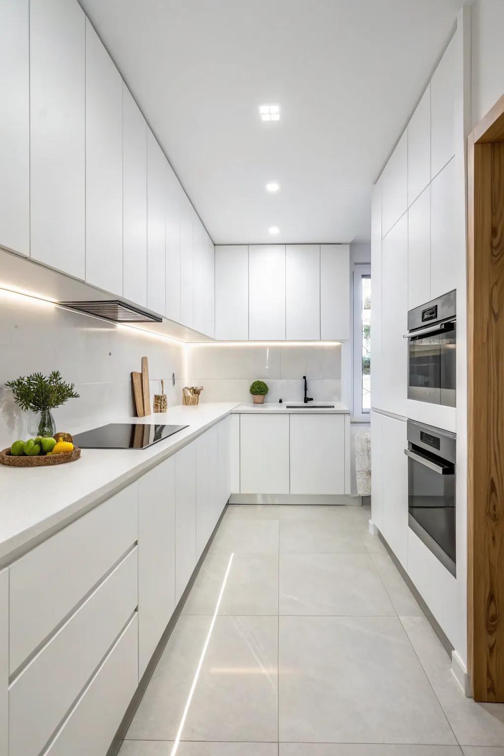 A minimalist design extends a tranquil, zen-like ambiance in the white kitchen.
