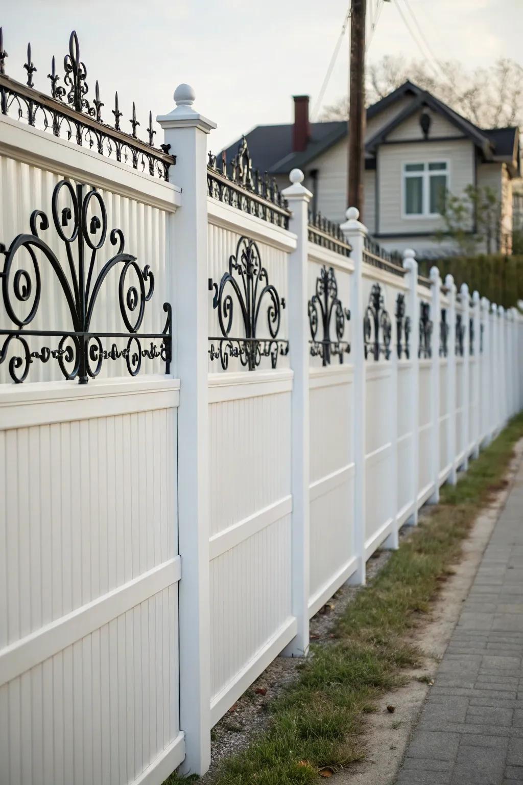 Ornamental ironwork appends elegance and character to a white fence.