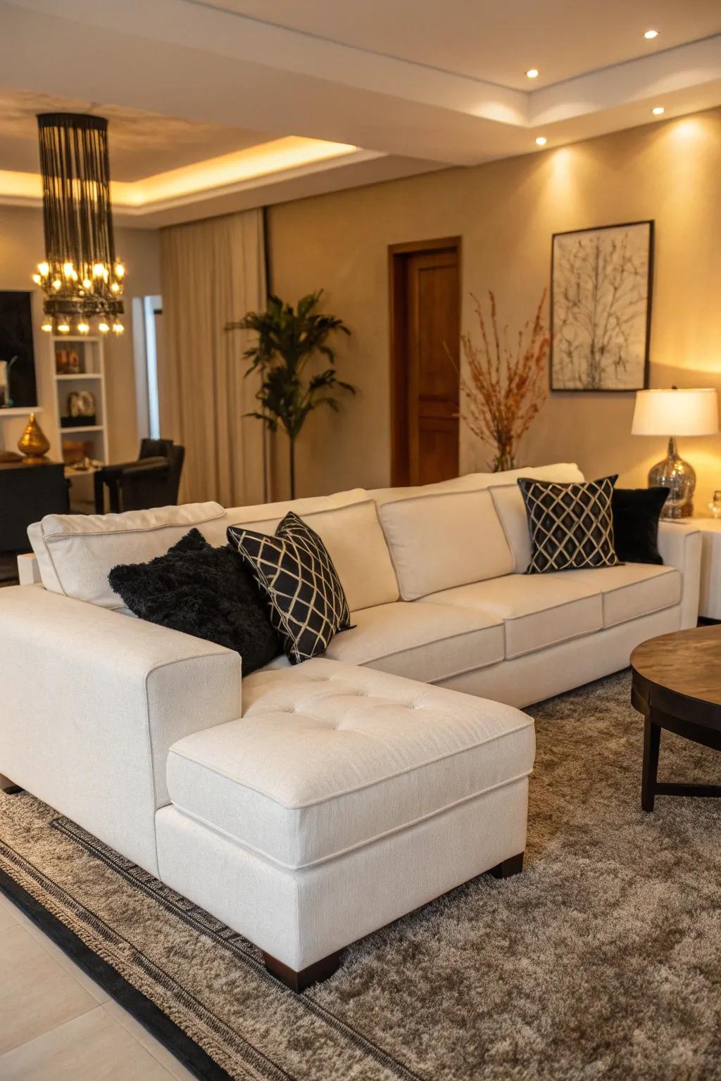 A burst of ebony lends sophistication to a living space featuring a creamy white sectional.