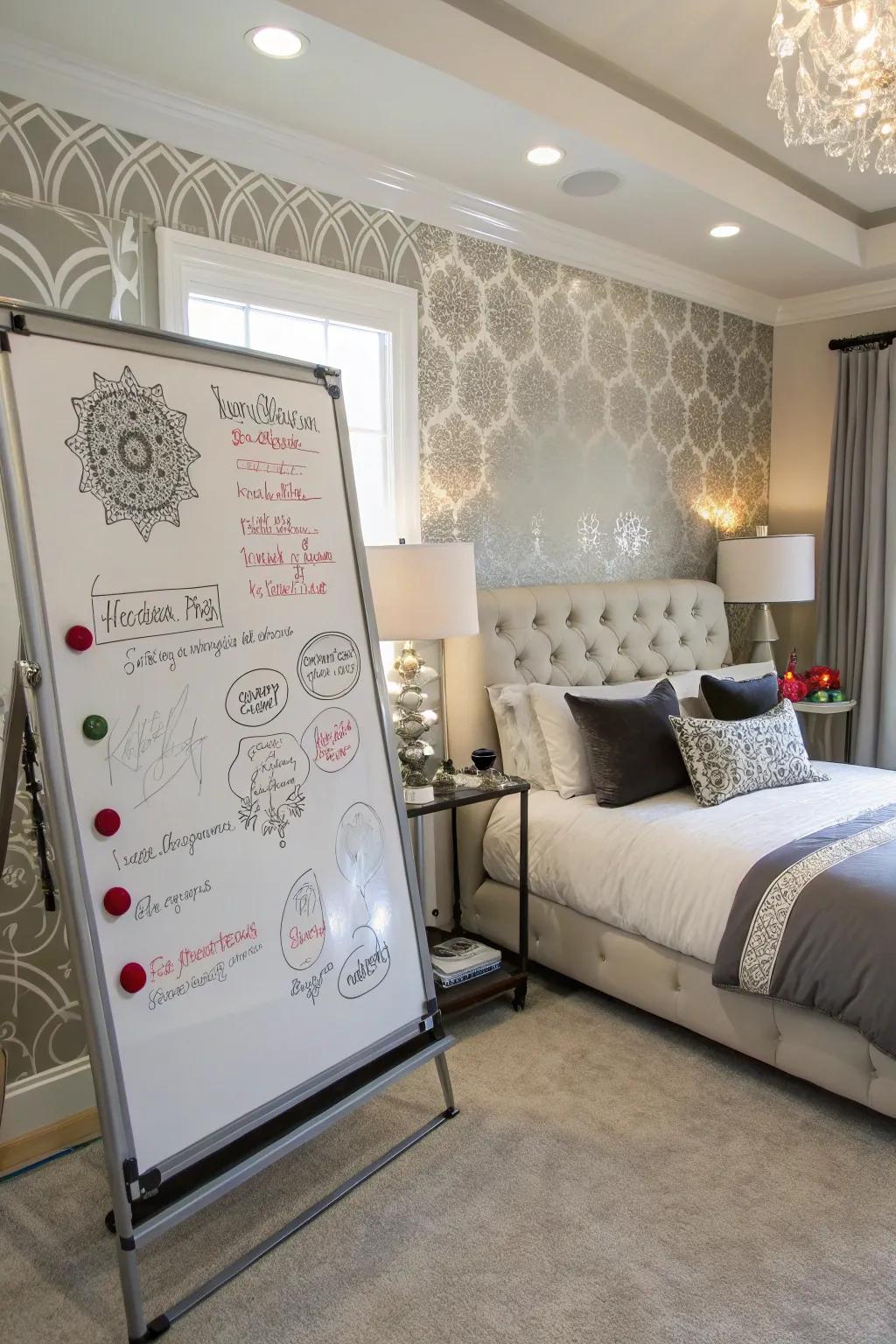 Polymeric embellishments personalize the whiteboard with distinctive flair.