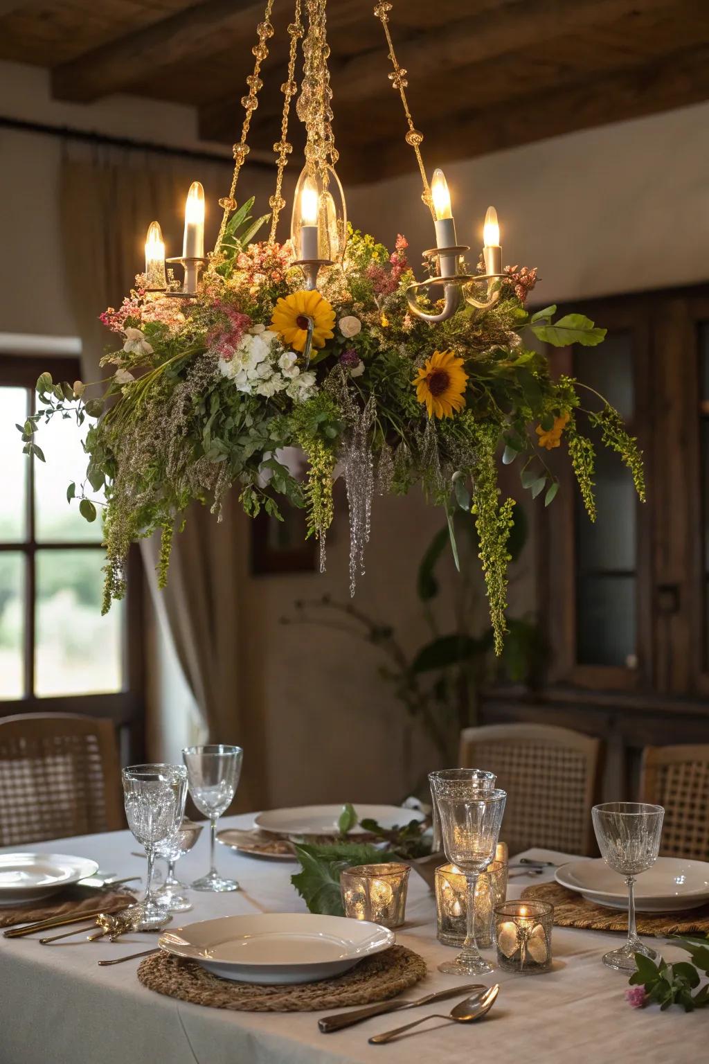 A wildflower-draped chandelier imparts a magical touch to any environment.