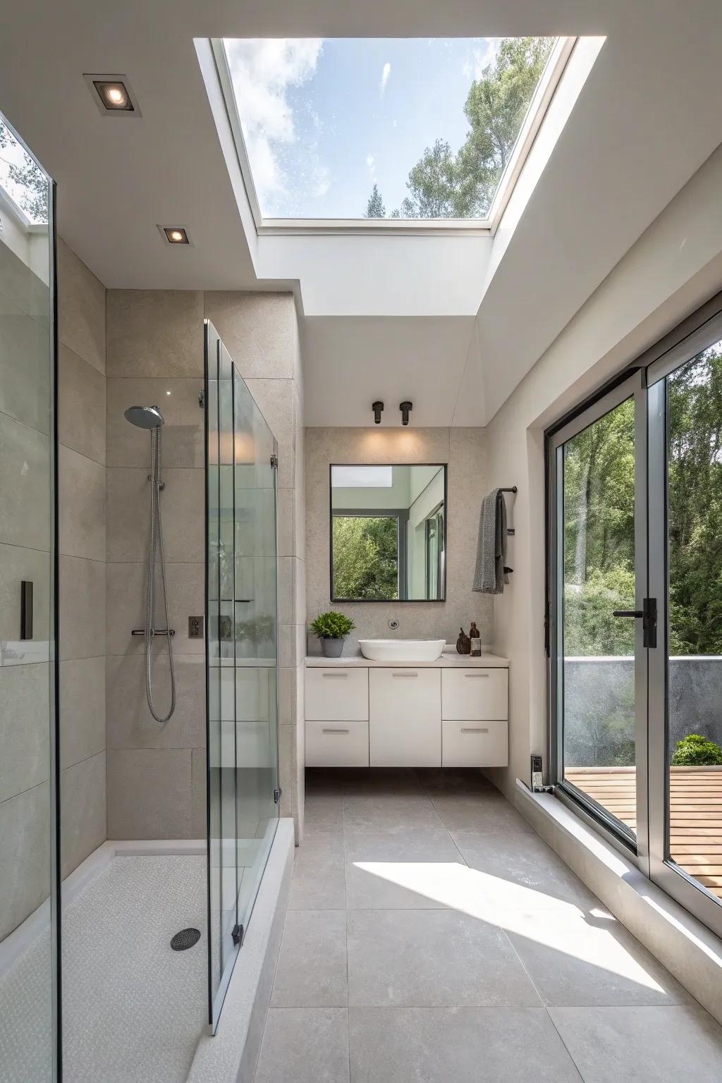 A skylight brings in overhead natural light, enhancing the shower's ambiance.