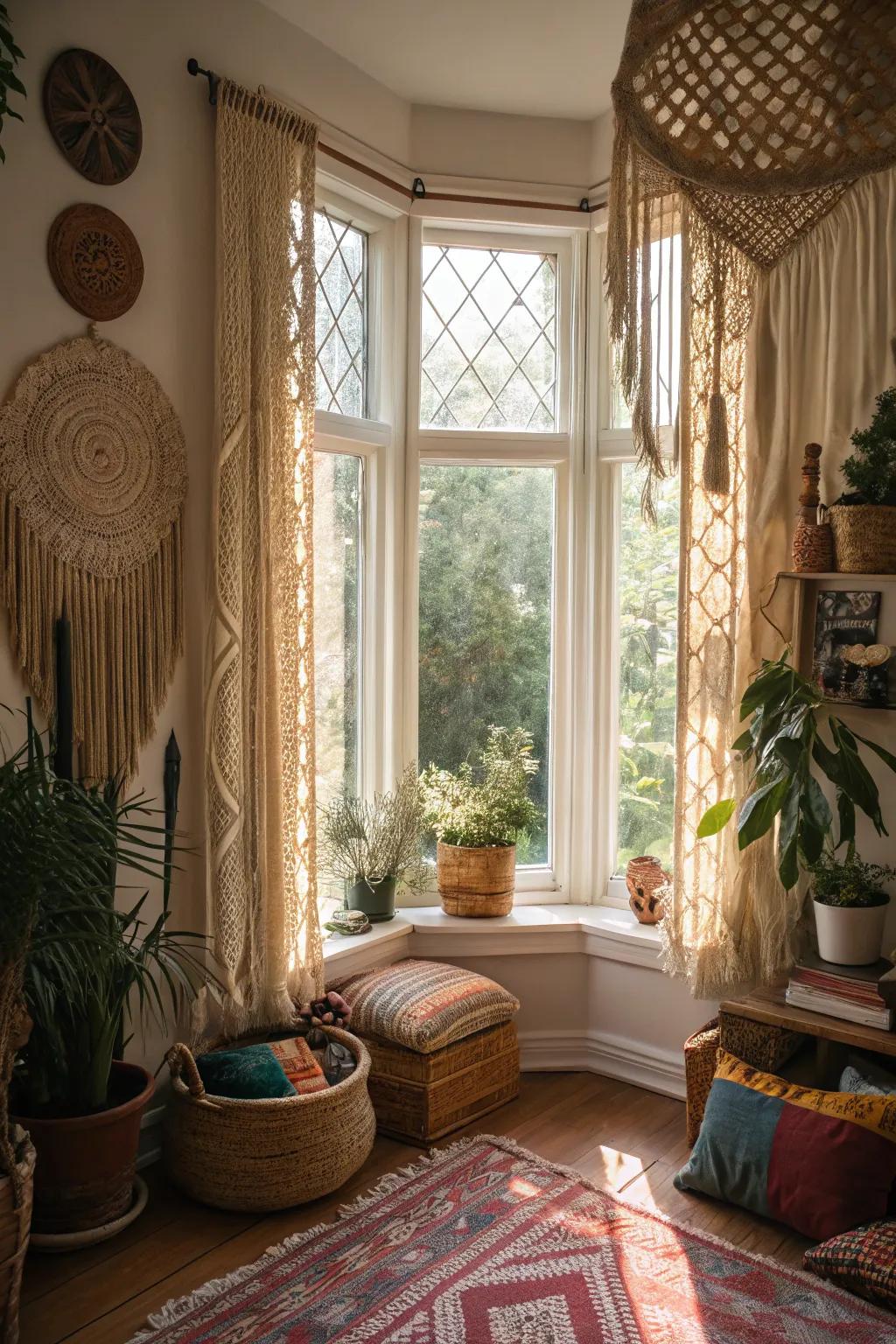 Knotwork curtains provide a bohemian and artistic touch.