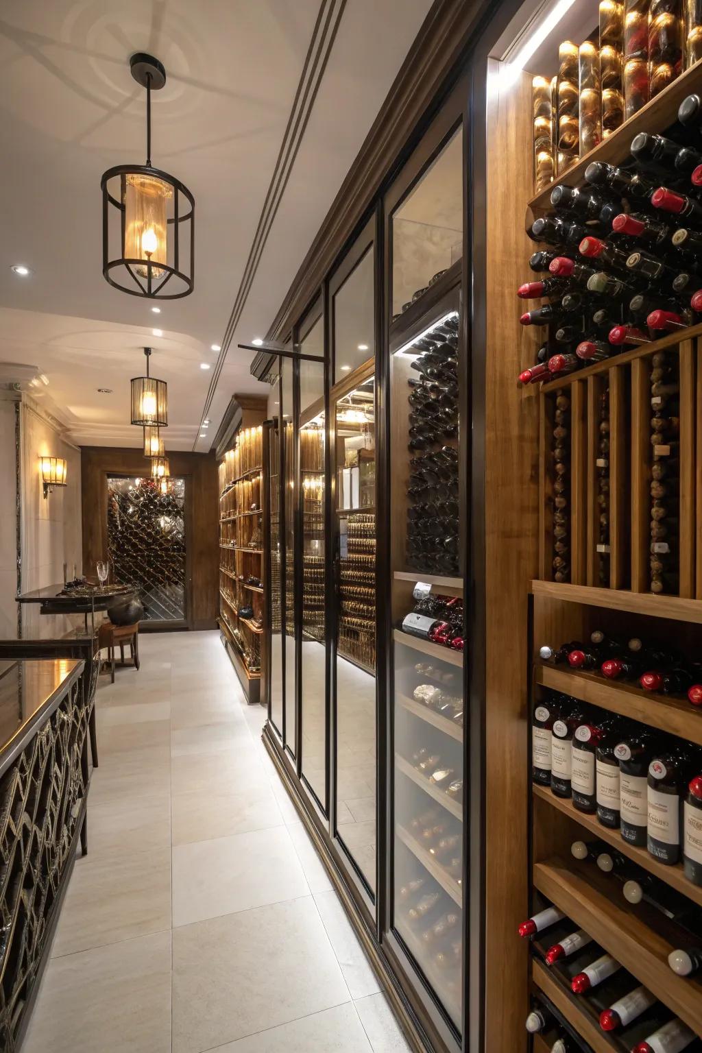 Mirrors amplifying the illumination and space in the wine room.