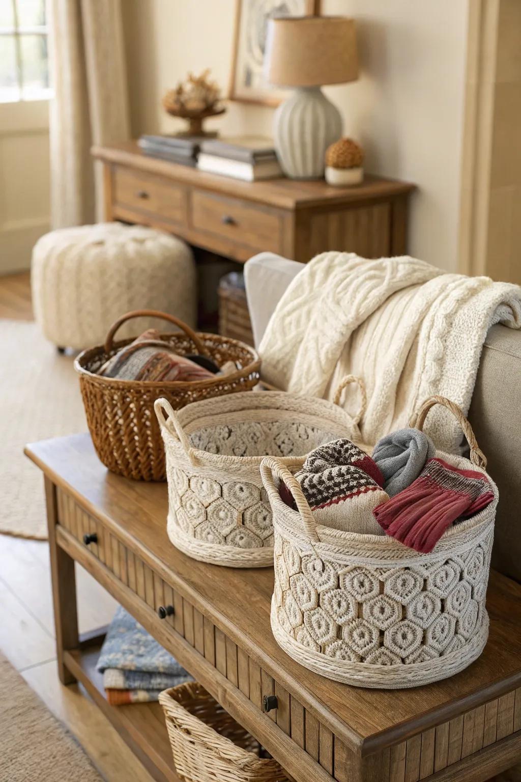 Integrate style and practicality through the use of ornamental baskets.
