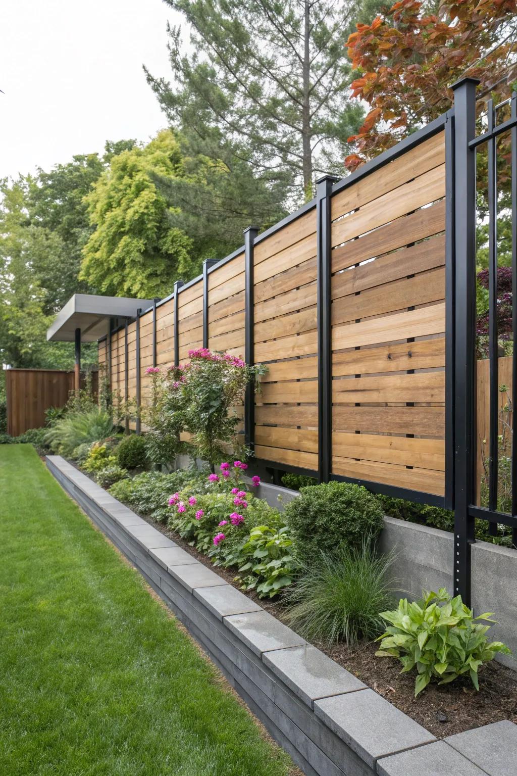 A striking fence exhibiting floating lumber boards and steel supports.