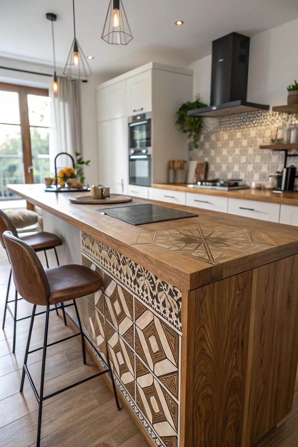 Geometric interlays contributing an artistic accent to wood countertops.