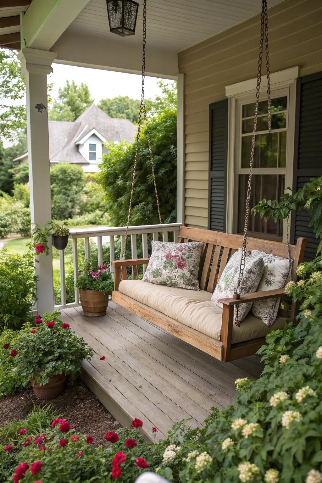 Relaxing wooden porch swing for peaceful outdoor moments