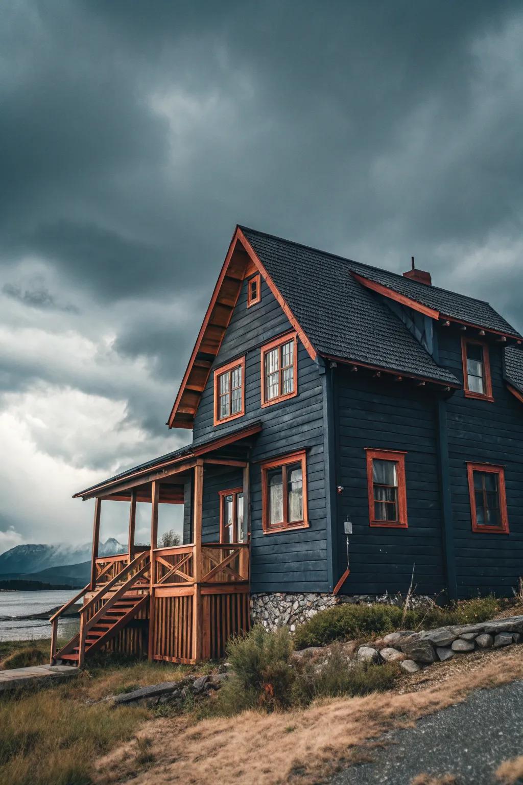 A striking wood home that makes a bold statement with its dark exterior.