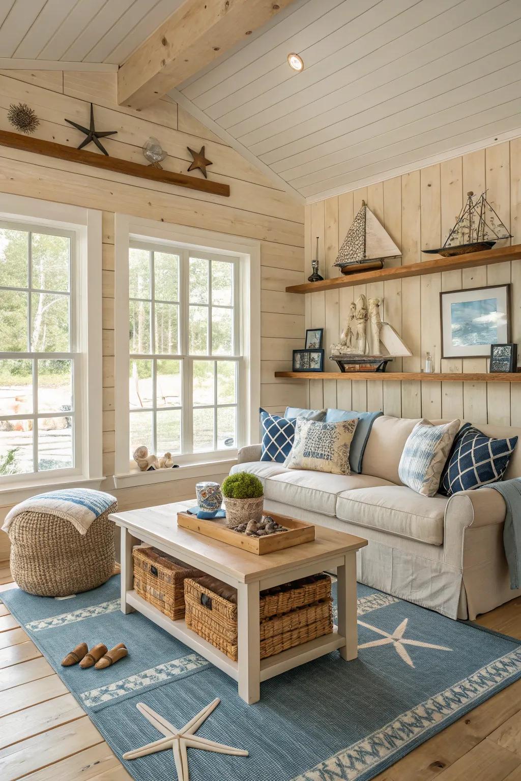 Wood layering infuses a current coastal atmosphere into your dwelling.