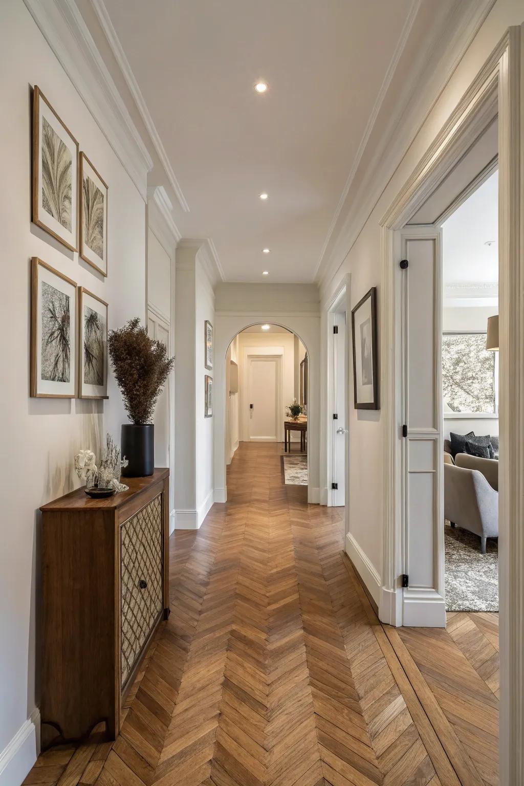 A hallway with peak grain wood flooring offering unique intrigue.